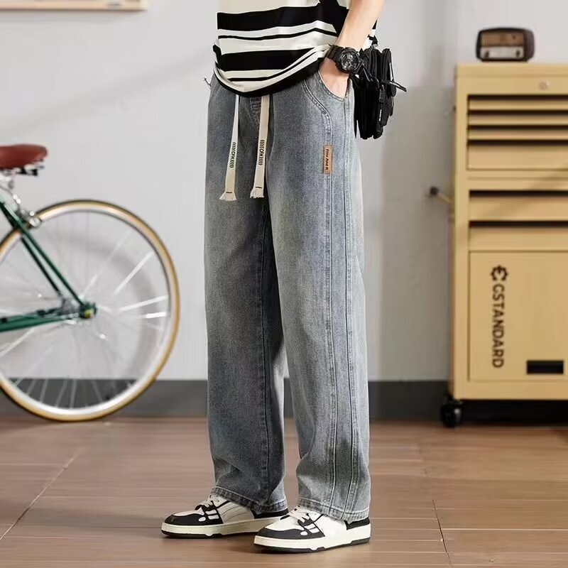 American Street Style Washed Distressed Jeans for Men, Spring & Fall Straight Loose European and American High Street Vibe Style Long Pants