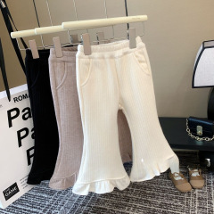 2023秋冬款女童洋氣韓版褲子女寶寶甜美花邊一體絨喇叭褲0192A022