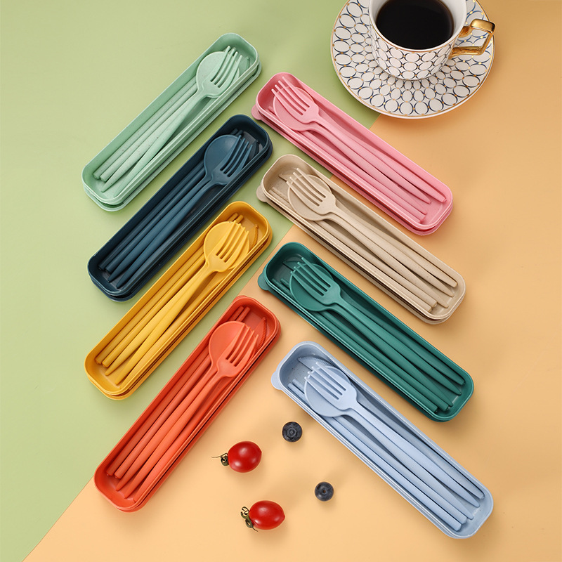 Cross-border Portuguese wheat knife, fork and spoon chopsticks portable suit student travel wheat straw tableware four-piece set