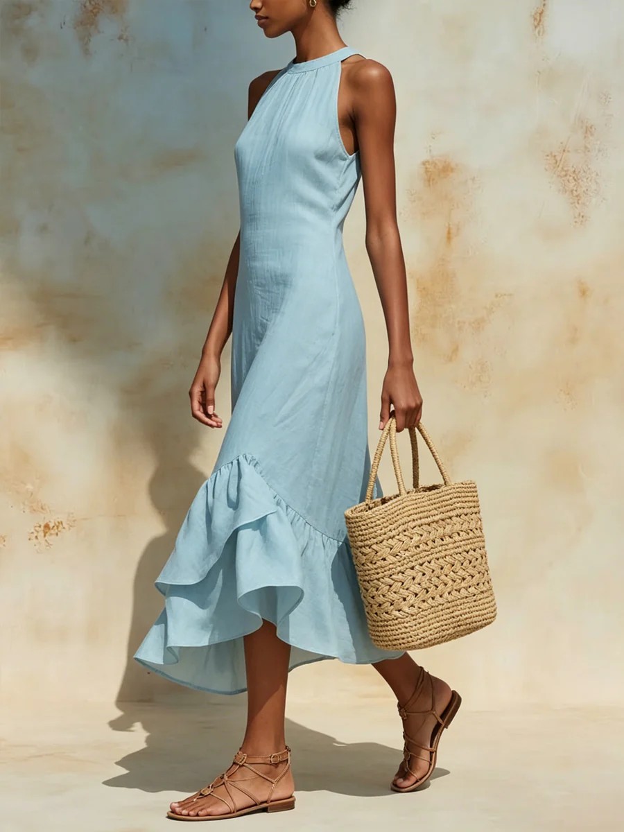 Women's Clothing Summer Women's Elegant Sleeveless Round Neck Ruffle Hem Dress Fashion Style For Formal & Casual For Women_ecoleips.com