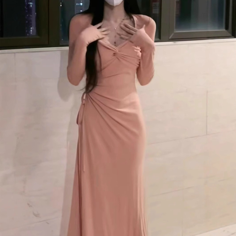 2025 New Style Waist-Cinching Long Skirt Hot Girl French High-End Long-Sleeved Dress Women's Tea Style Chic Women's Spring and Autumn