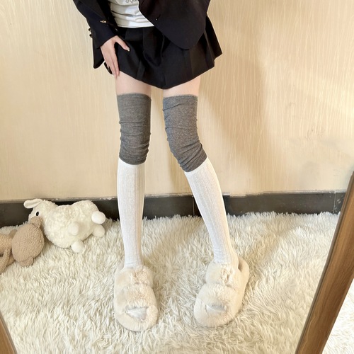 Korean-style white and gray striped long socks for women, beige and khaki color block over-the-knee socks, Japanese-style color-matched tall socks, piled-up socks