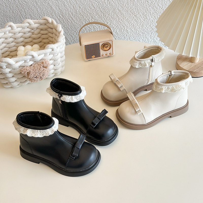 Children's Short Boots 2025 Winter New Style Girls British Style Boots Pearl Lace Lolita Style Plus Suede Leather Boots