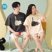 情侣睡衣2026年夏季新款纯棉短袖圆领套头男女休闲舒适家居服套装