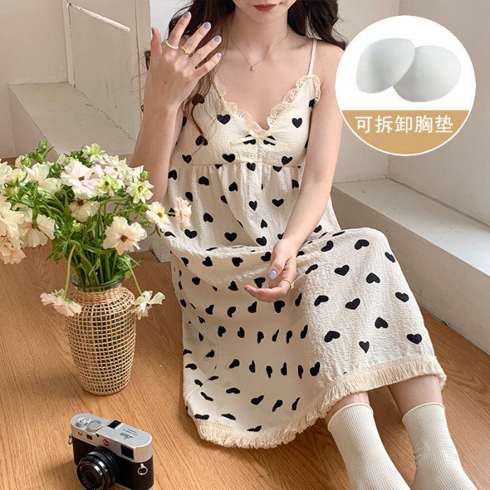 Pijama de verano de mujer dulce colgante cojín de pecho de algodón tejido sexy burbuja tela arrugada bordilla pijama de mujer lindo vestido