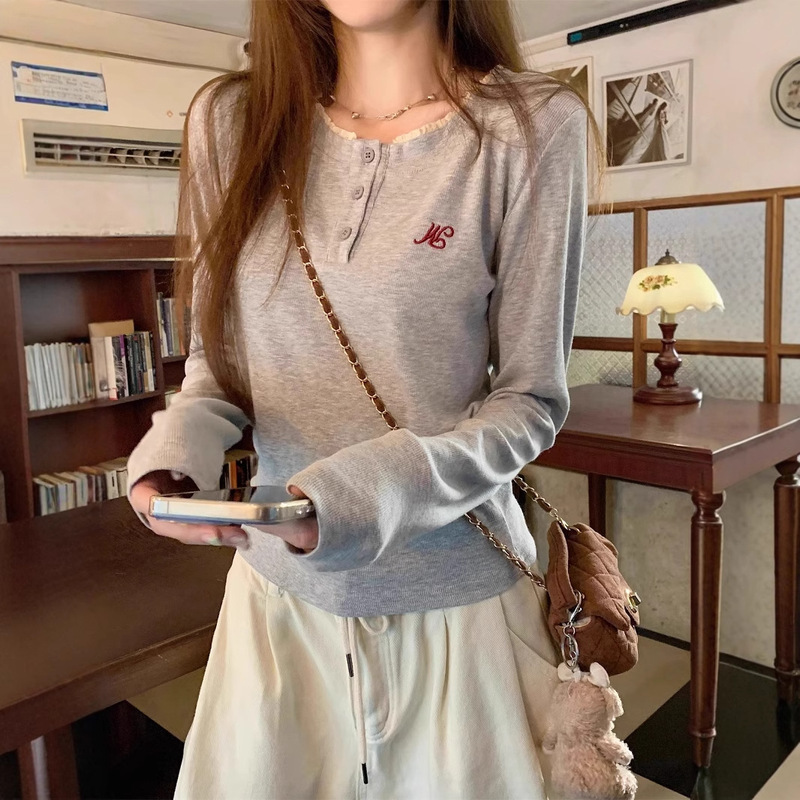 Designed Embroidered Top for Women 2025 Autum Lace Half Open Collar Button Long-Sleeved T-Shirt with Korean Style Bottoming Shirt