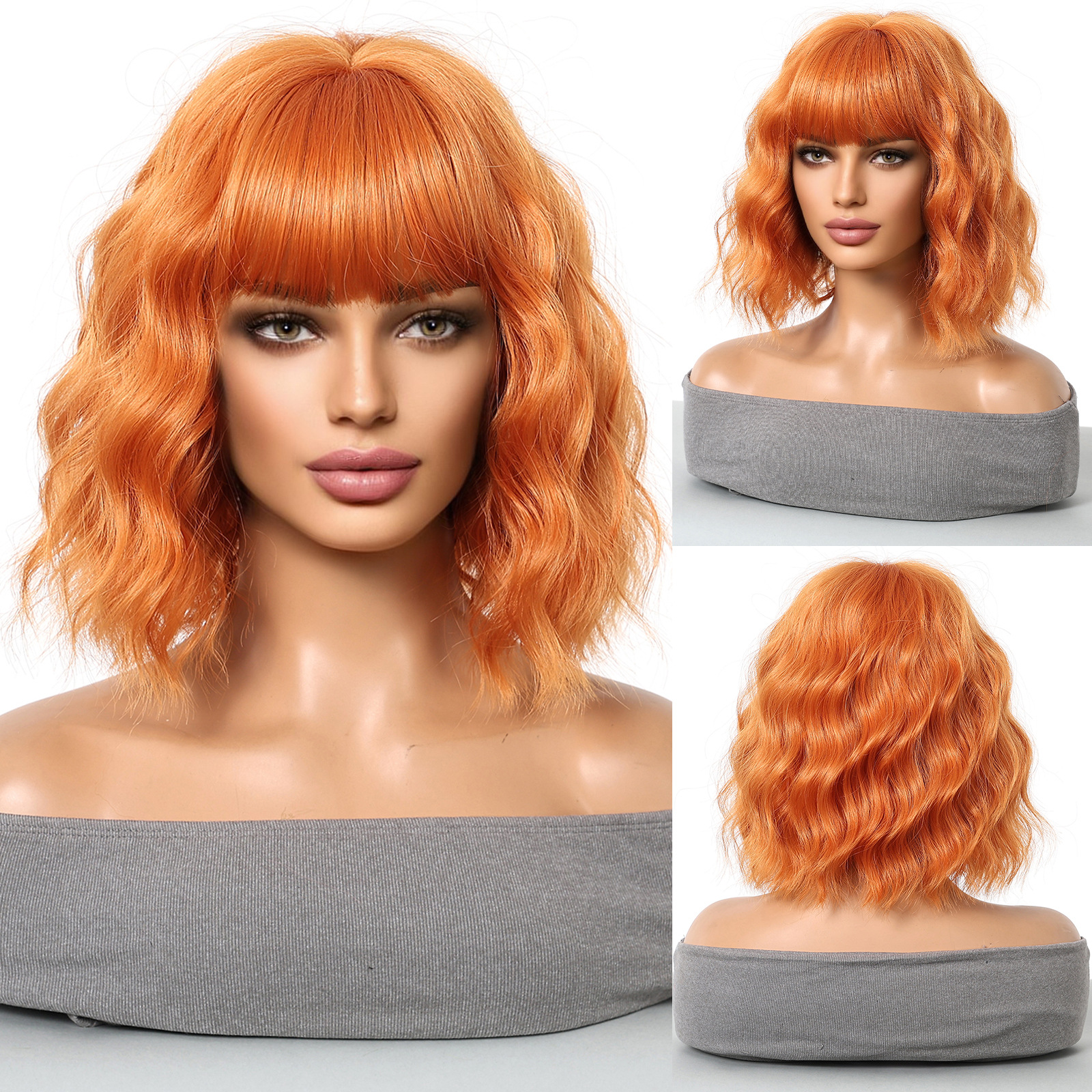 Peluca femenina pelo corto y rizado neto neto natural Qi flequillo realista Bobo cabeza dorada cubierta completa wigs spot