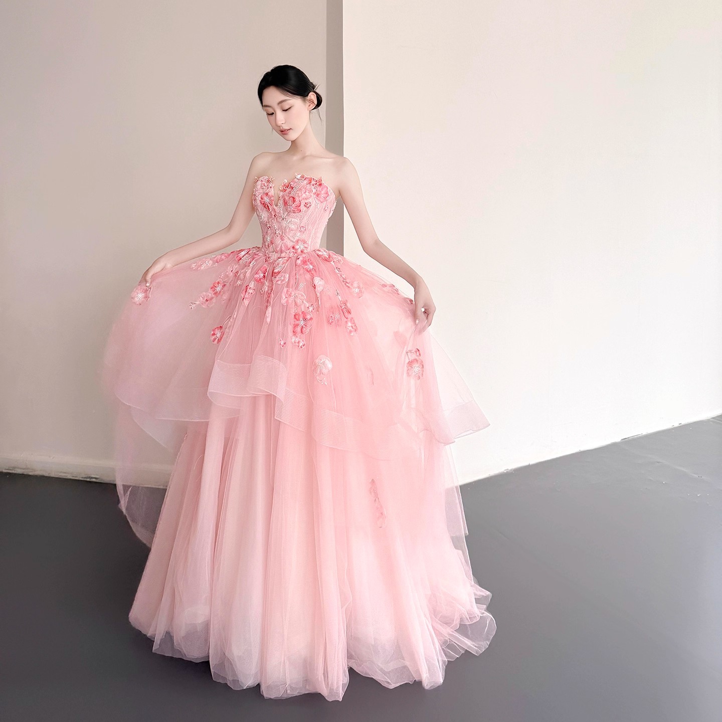 Evening Dress for Women, Strapless French Style, Niche Banquet, Birthday Host, Floral Pink Bride Engagement Wedding Toast Dress