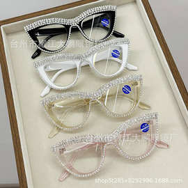 跨境新款欧美个性手工镶钻猫眼防蓝光老花镜复古时尚潮流老花眼镜