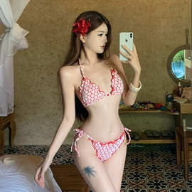 跨境比基尼性感辣妹粉红爱心多巴胺欲bikini高级感三点式泳衣女