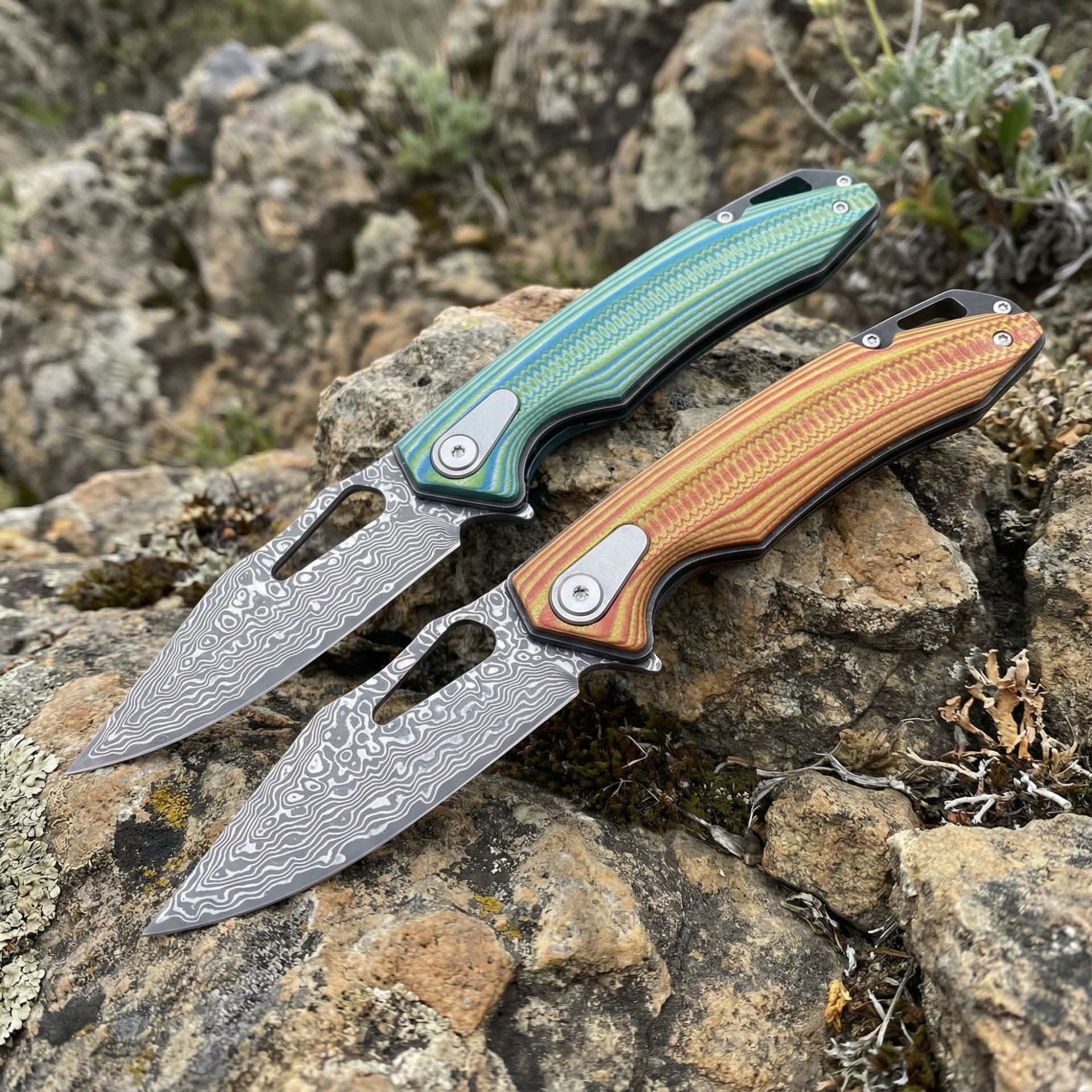 AD01户外轴承折叠刀大马士革VG10刀片双色G10手柄CNC口袋刀野营刀