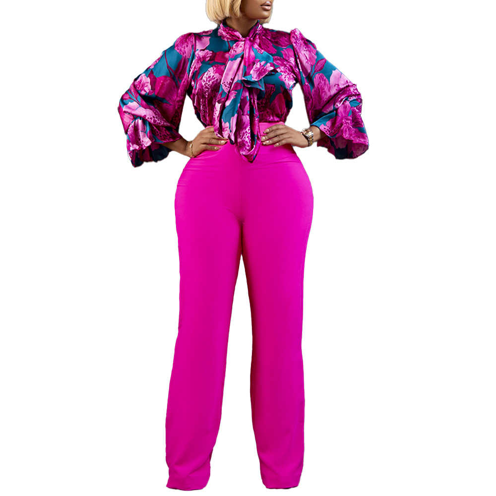camicie a maniche lunghe stampate casual di grandi dimensioni e pantaloni a gamba larga set due pezzi transfrontalieri_voghion.com