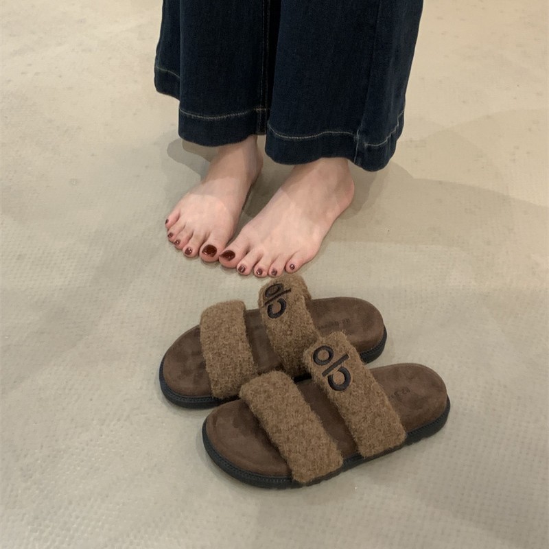 秋冬可爱毛绒拖鞋女双带字母装饰居家拖鞋防滑室内外穿拖鞋子|undefined
