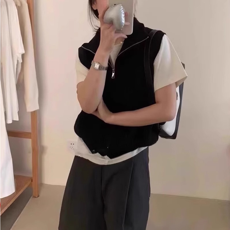 舒适简约高领双拉链针织马甲初秋新款气质百搭显瘦打底衫背心上衣|undefined