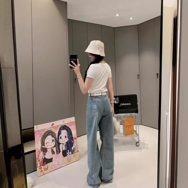 MM HOME 24SS 새로운 편지 청바지 허리 리본 바느질 패션 올매치 데님 바지