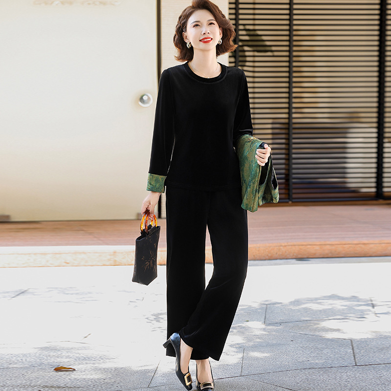 妈妈秋装新中式套装阔太太国风马甲上衣中老年女装气质丝绒三件套|undefined