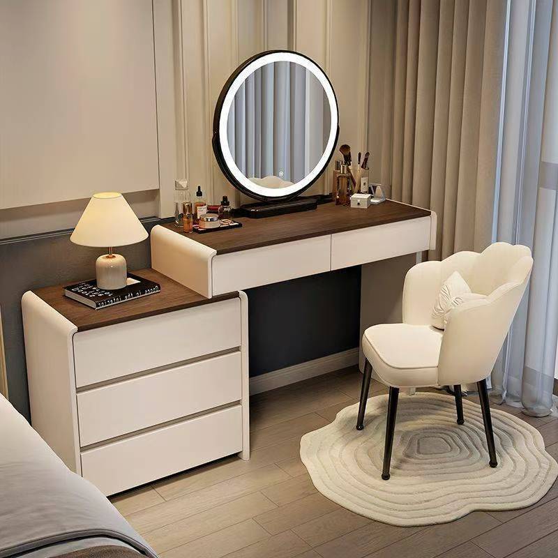 New Bedroom Dresser Walnut Color Dresser Bedside Cupboard Integrated Modern Simple Makeup Table with Skirting Board