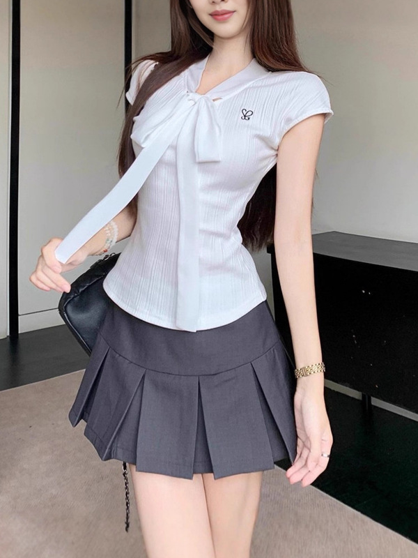 原版面料白色蝴蝶结绑带掐腰显瘦正肩短袖T恤女装夏季甜美风上衣|undefined
