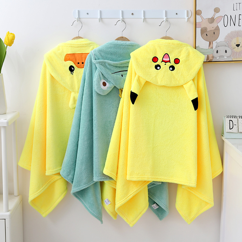 Baby swimming pool cap robe, home use, absorbent cartoon coral velvet, wearable hooded bath towel for children
