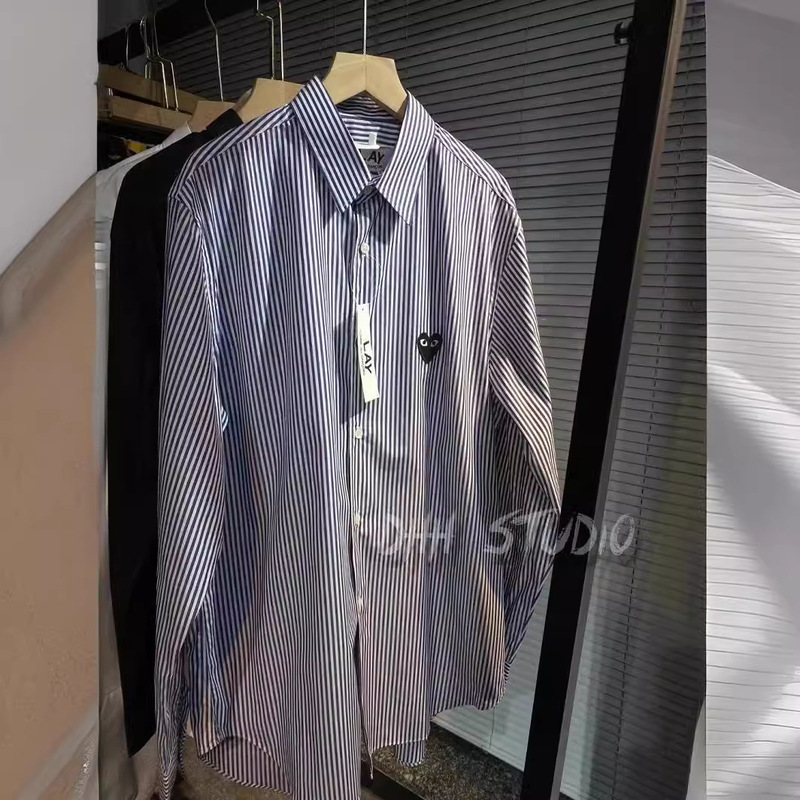 Unisex Couple Style Cdg Play Black Heart Embroidery Long-Sleeve Striped Shirt High-Quality Cotton Japanese Fresh Style Inner Wear