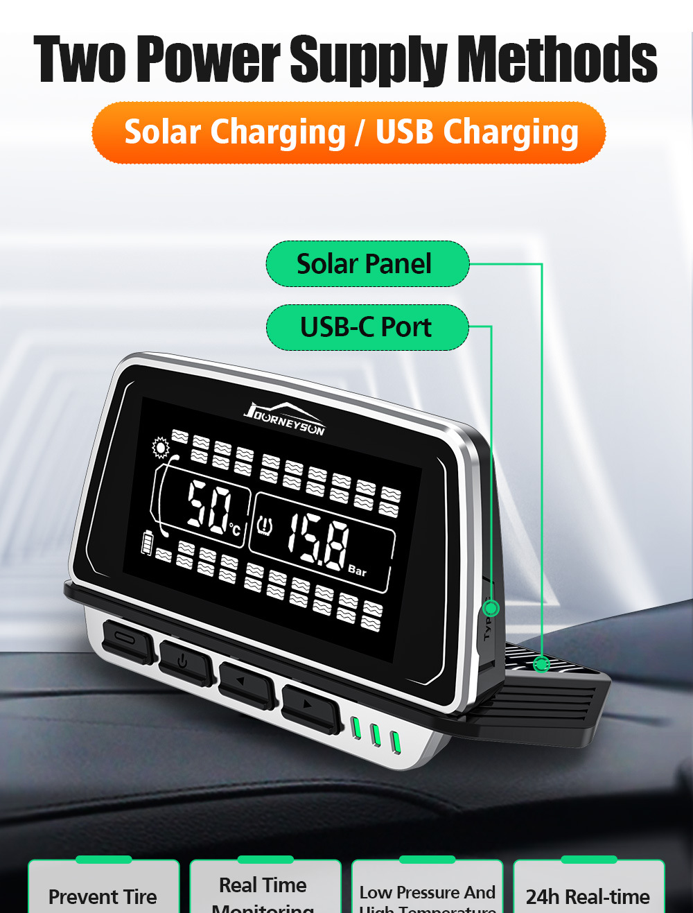 Large Truck Tire Pressure and Temperature Monitor with Large Screen Display, Multi-Wheel Simultaneous Display, Color Screen Design, Built-In and External Sensors