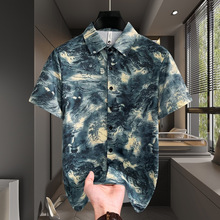 2025新款男士短袖衬衫轻奢翻领潮流半袖休闲夏季山水画体恤上衣服