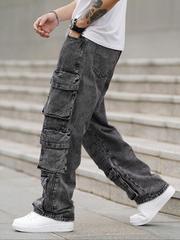 Men's Street Style Washed Wide Leg Cargo Jeans Loose Fit