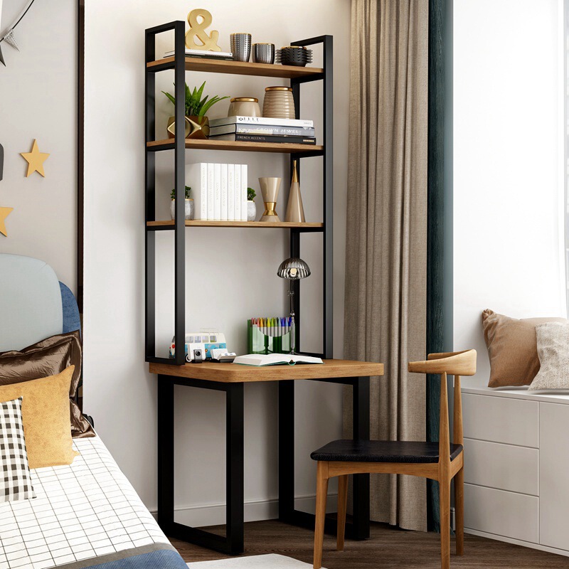 Simple Household Solid Wood Iron Desk Bookshelf Integrated Computer Desk Storage Rack Combination Bedroom Writing and Learning Table