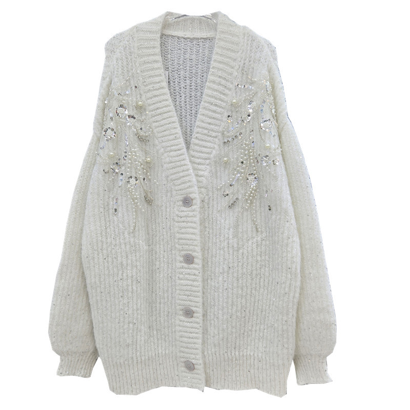 Productos europeos suéter de cuello v chaqueta de mujeres otoño y invierno nuevo estilo de industria pesada estilo francés con sequillas sueltas cardigan de punto perezoso