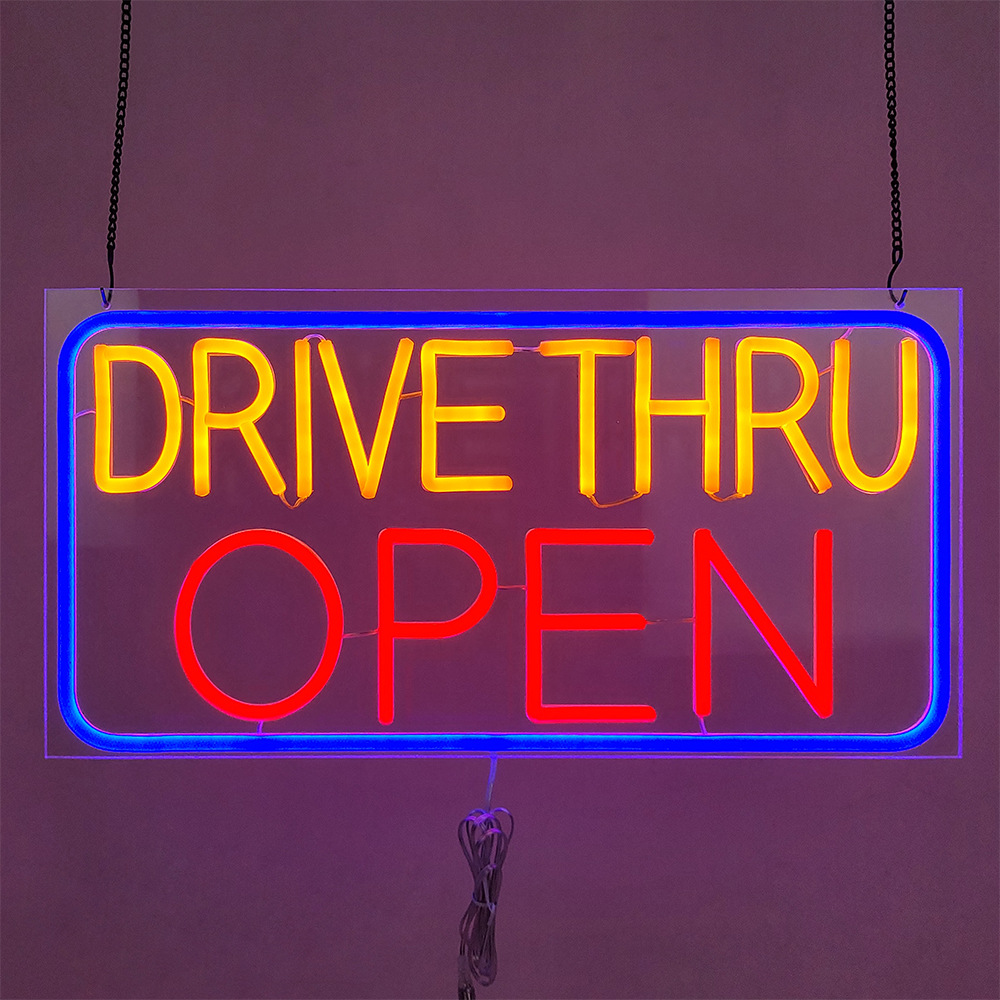 免下车商店发光灯牌亚克力霓虹灯 LED DRIVE THRU OPEN 广告牌