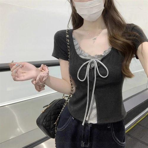 Korean Pure Desire Color Block Collar Strap Pseudo Two-Piece Sleeveless Top for Women Summer Unique Design Short-Sleeve Versatile Blouse