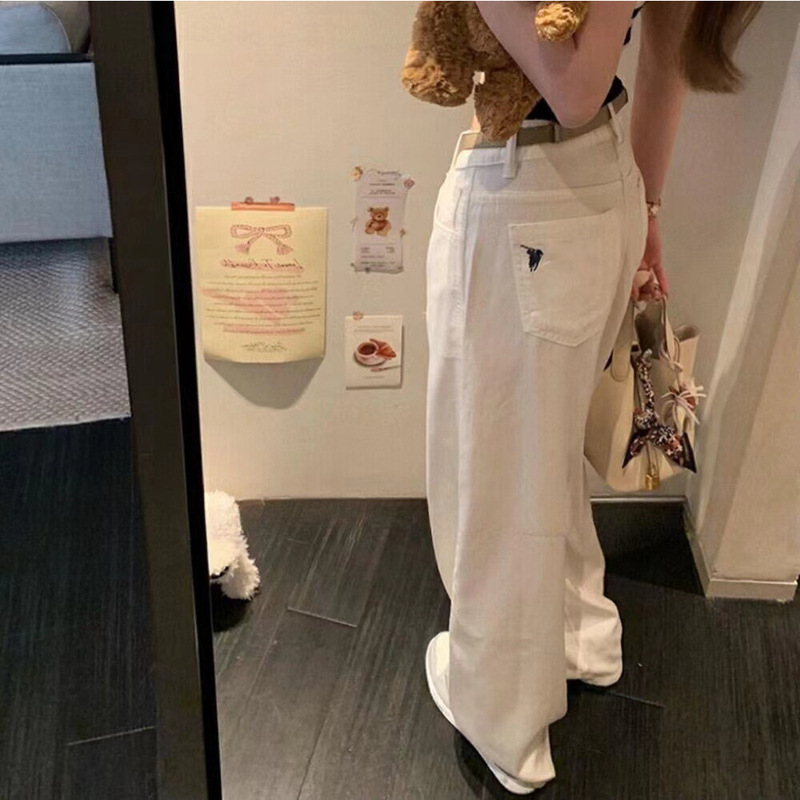 Yapi White Pants 2024 Autumn Old Money Straight Slim Wide Leg Pants Raff Embroidered High Waist White Jeans Yapi White Pants 2024 Autumn Old Money Straight Slim Wide Leg Pants Raff Embroidered High Waist White Jeans