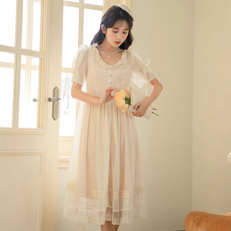 Champagne Apricot Baby's Breath Dress 2025 Summer New Sweet Fugitive Princess Short-Sleeved Chiffon Heavy French Skirt