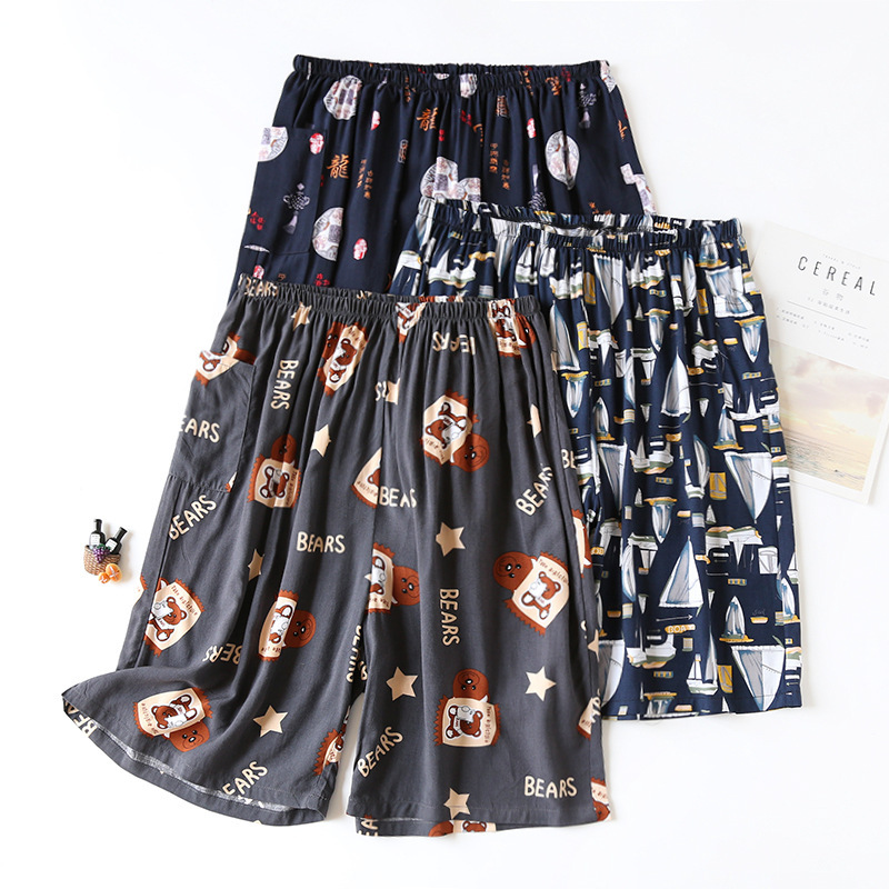 Summer Men's Faux Cotton Silk Pajama Pants Can Wear Thin Large Size Loose Shorts Five-point Beach Pants Casual Home