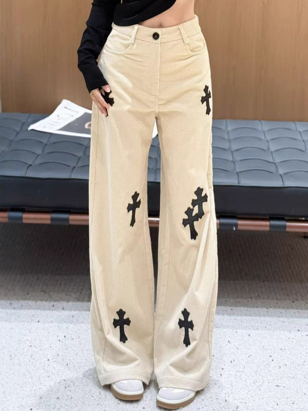 潮流新款灯芯绒纯棉休闲裤刺绣logo高腰显瘦阔腿裤南油女秋直筒裤|undefined