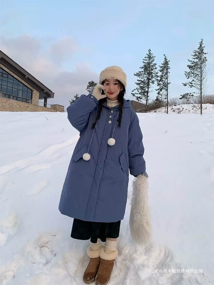 罐头牛仔蓝工装感加厚保暖外套女白鸭绒羽绒服可爱减龄棉衣中长款