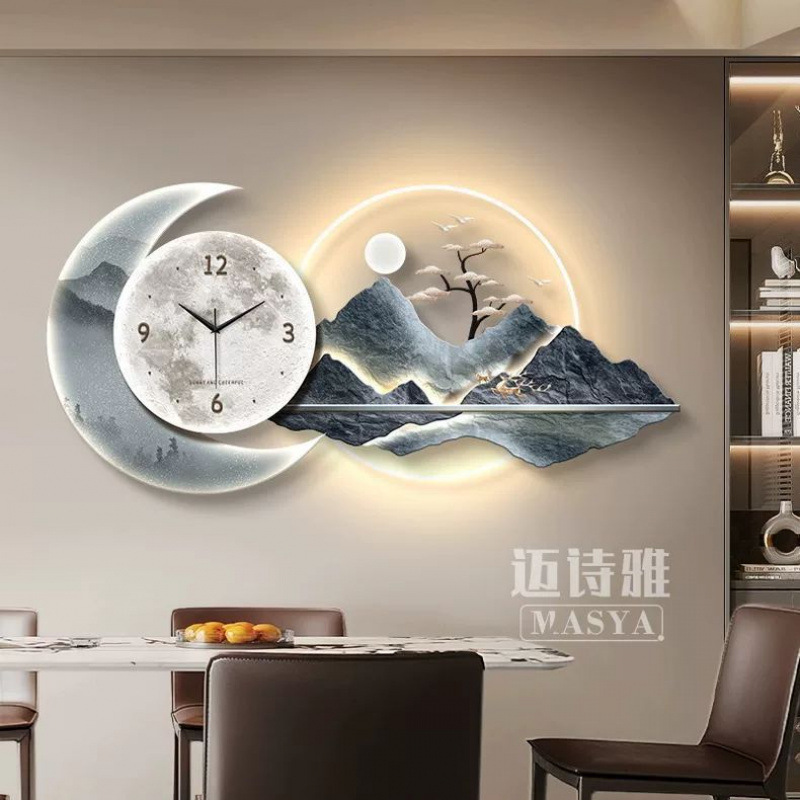 2025 nuevo estilo de pintura de decoración del restaurante reloj de lujo moderno reloj de pared de fondo de la sala de estar reloj creativo lámpara de pared pintura