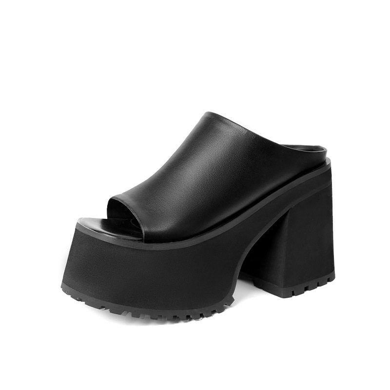 Dép sandal cao gót nữ hở mũi đế dày quai ngang gót vuông 9 cm — Màu đen, Màu trắng
