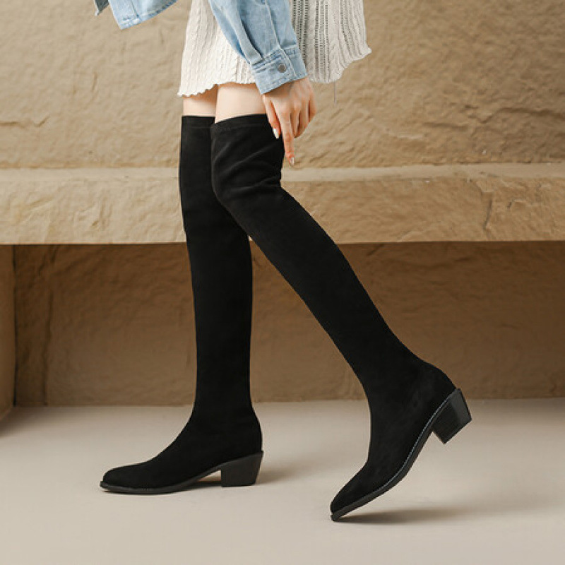 Autumn and Winter Suede Mid-Heeled Over-The-Knee Boots for Women, Square-Heeled Pointed-Toe Comfortable Sleeve Boots for Women, Korean Style New Pure Color Boots