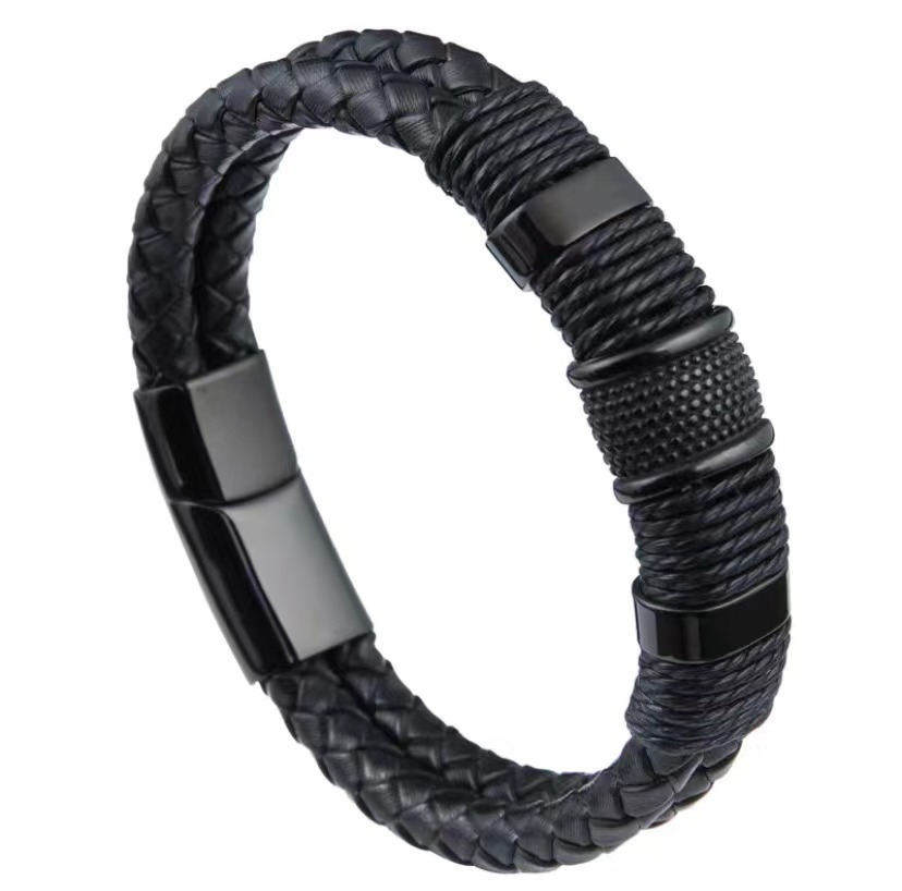 Pulseras transfronterizas europeas y americanas, pulseras trenzadas de piel de vaca de aleación retro de doble capa, pulseras con hebilla magnética de cuero a la moda para hombres