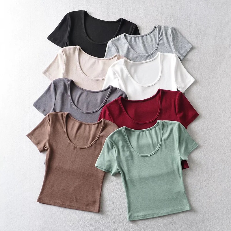 184-20 Summer Korean Slim Fit Clean Face Low Crewneck Navel Clean Face Short Sleeve T-shirt Base Shirt