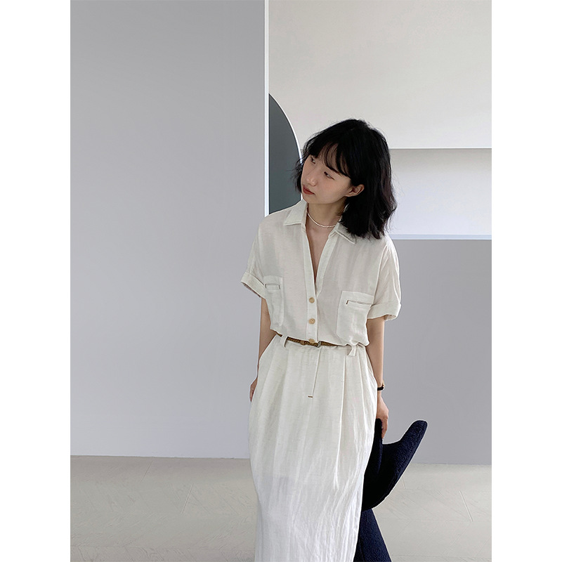 Jiangzuo ミニマリストオールドマネースタイルリネンシャツ夏スタイル半袖シャツドレスベルト付き 1606