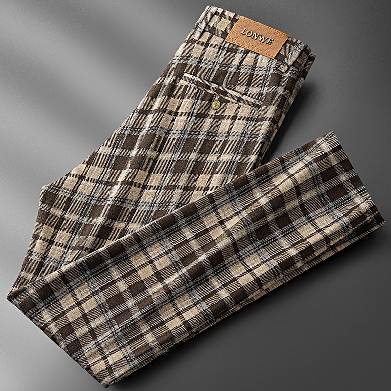 Autumn and Winter Thick Brushed Wool Plaid Casual Pants for Men, Slim Straight-Leg, Wrinkle-Free, Business High-End Drapey Dress Pants for Men