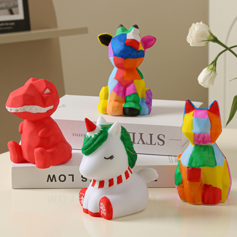 跨境专供热卖货源diy涂鸦娃娃发光工艺摆件 儿童手工小猫恐龙夜灯