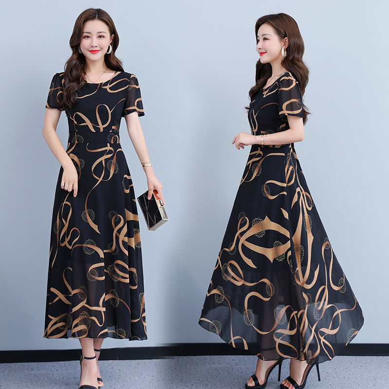 Summer Women's 2023 New Short-sleeved Round Neck Mother's Artistic Printed Dress Large Size Women's Dress for Women