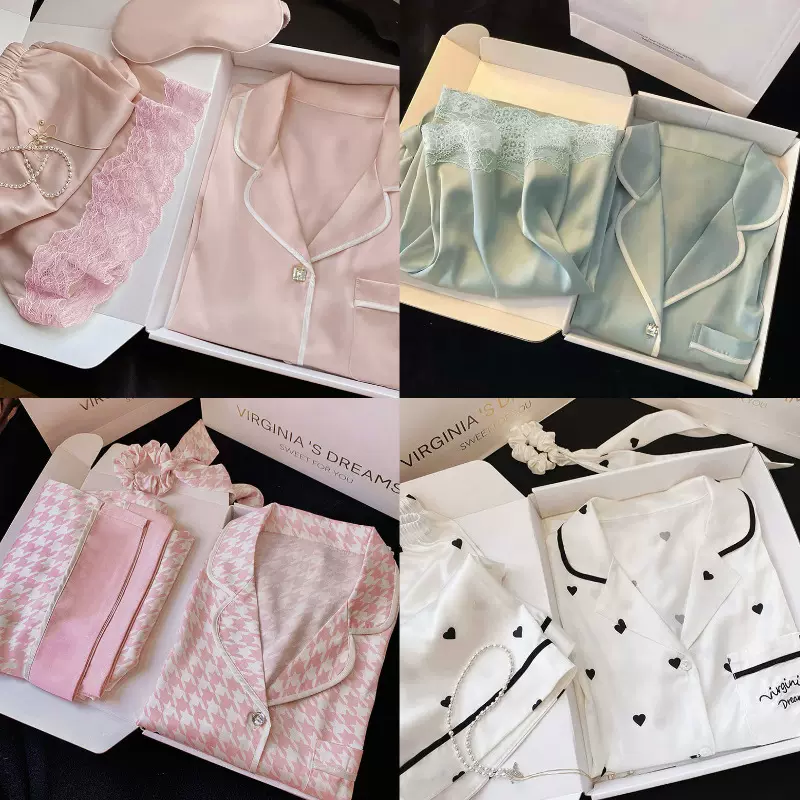跨境睡衣女短袖翻领开衫性感蕾丝花边简约家居服套装网红现货批发