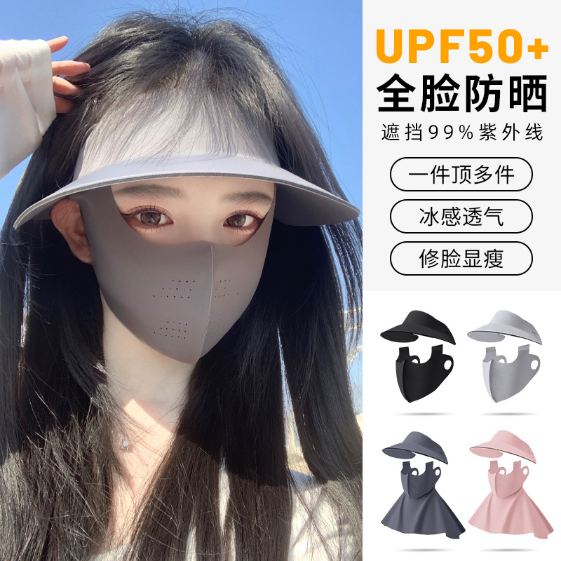 Cross-border Thin Ice Silk Mask Adjustable Sun Protection Empty Top Sunshade Hat Non-mark Neck Protection Dual-purpose Ear-hanging Riding Mask