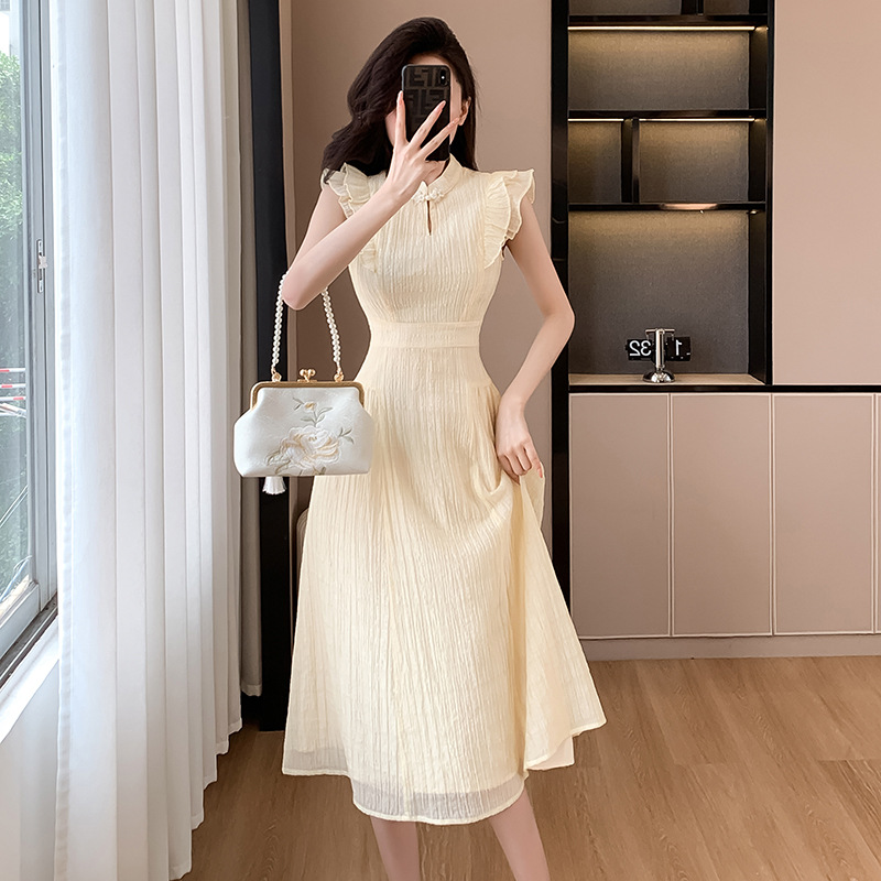 2024夏季新款韩版时尚修身收腰显瘦立领新中式中长款连衣裙女