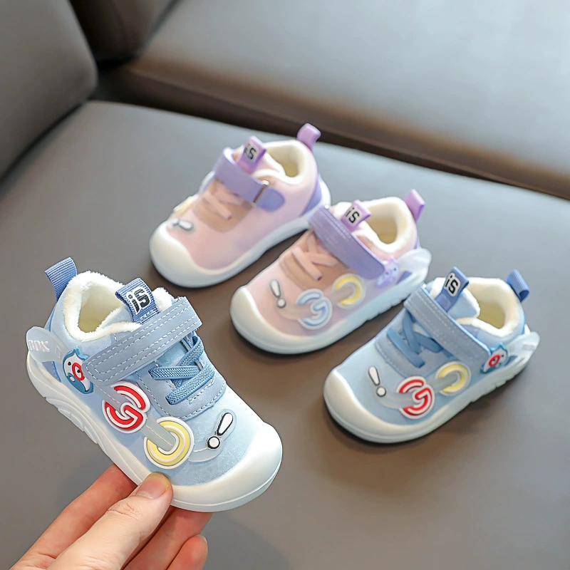 Обувь для малышей, хлопковая обувь на флисовой подкладке, зимняя двухслойная хлопковая обувь для малышей 2024 года для мальчиков и девочек, функциональная обувь на мягкой подошве с противоскользящей подошвой