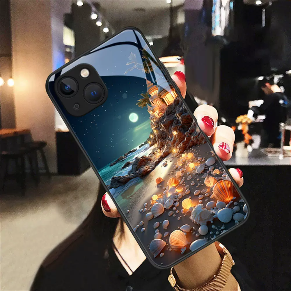 苹果15手机壳新款iPhone16promax海边12MINI风景14玻璃13pro适用